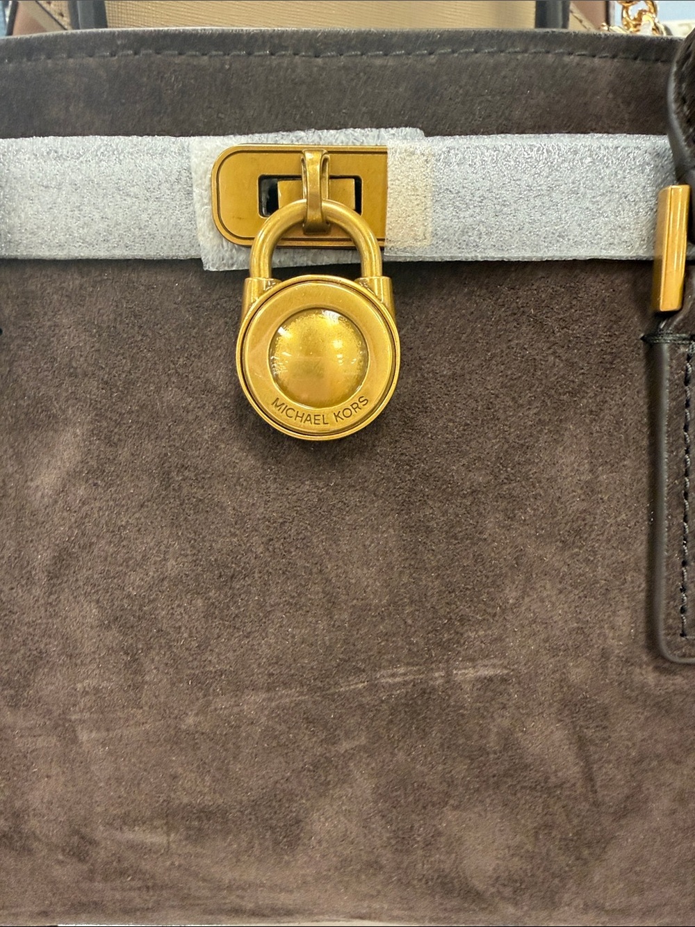 Michael Kors Brown Suede Tote with Gold Padlock